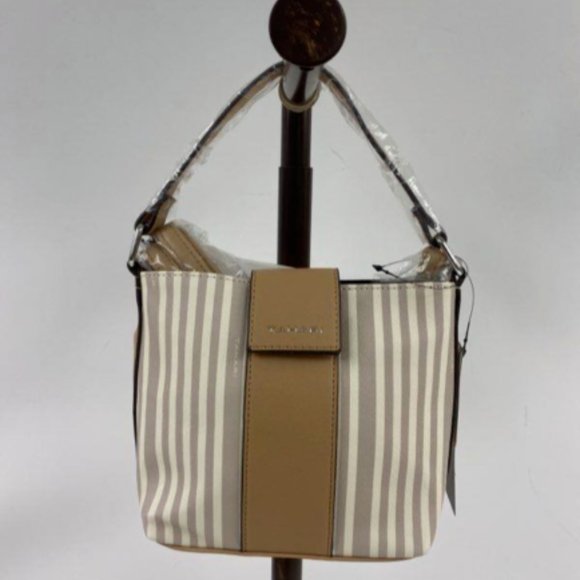 Tahari Womens Sand/Gray Striped Vegan Leather Double Handle Satchel Tote Handbag - Picture 4 of 4